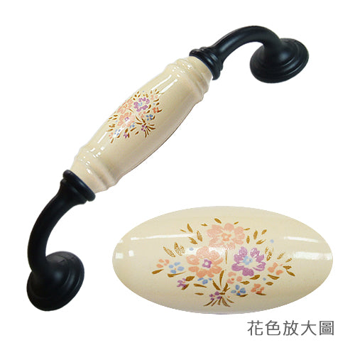 G-shaped country bouquet beige hole spacing 128mm ceramic handle - baked black base HG501BLMI