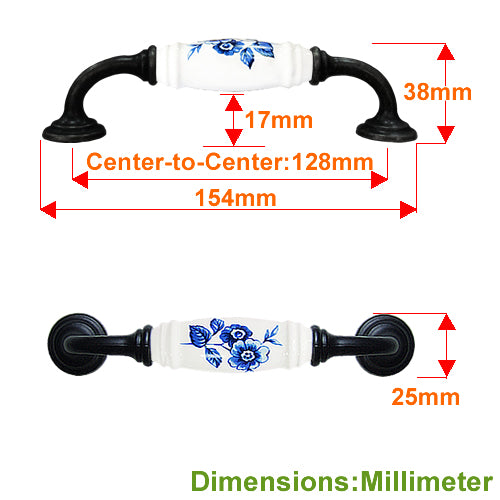G-type celadon blue flower white hole spacing 128mm ceramic handle - baked black base HG801BLWH