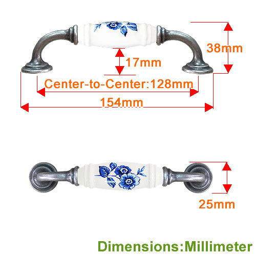 G-type celadon blue flower white hole spacing 128mm ceramic handle - antique silver base HG801SKWH