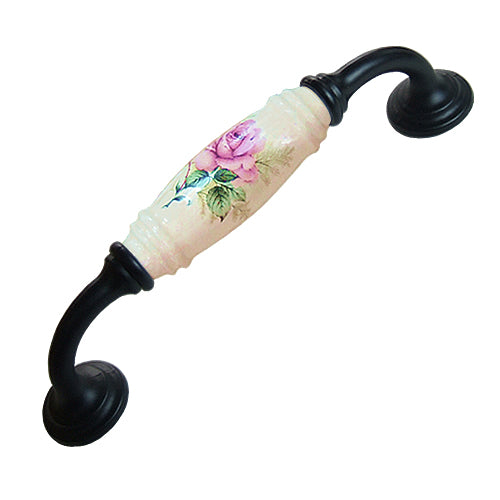 G-shaped country style rose straight beige hole spacing 128mm ceramic handle - baked black base HG820BLMI
