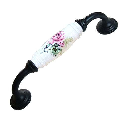 G-shaped country style rose straight white hole spacing 128mm ceramic handle - baked black base HG820BLWH