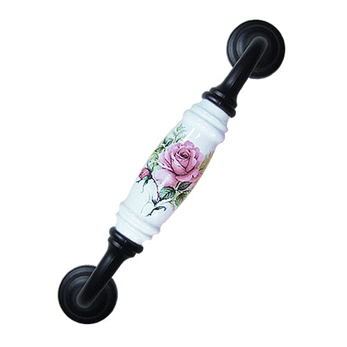 G-shaped country style rose straight white hole spacing 128mm ceramic handle - baked black base HG820BLWH