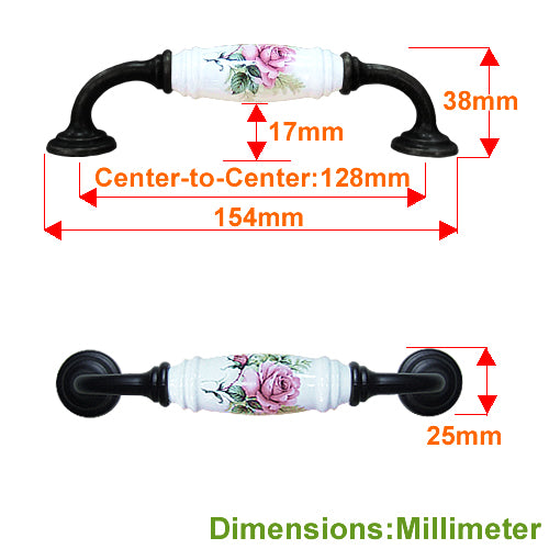 G-shaped country style rose straight white hole spacing 128mm ceramic handle - baked black base HG820BLWH