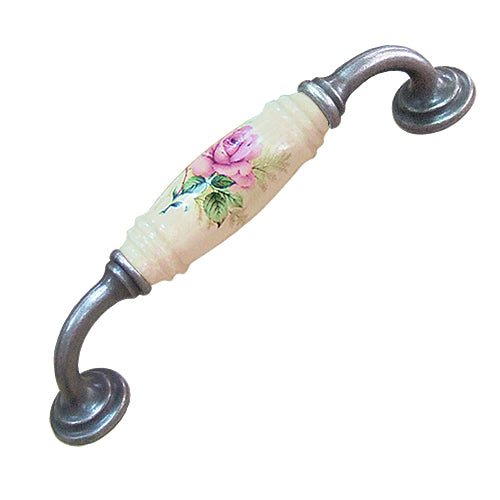 G-shaped country style rose straight beige hole spacing 128mm ceramic handle - antique silver base HG820SKMI