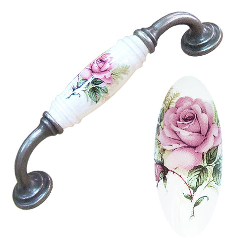 G-shaped country style rose straight white hole spacing 128mm ceramic handle - antique silver base HG820SKWH