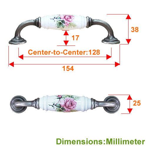 G-shaped country style rose straight white hole spacing 128mm ceramic handle - antique silver base HG820SKWH