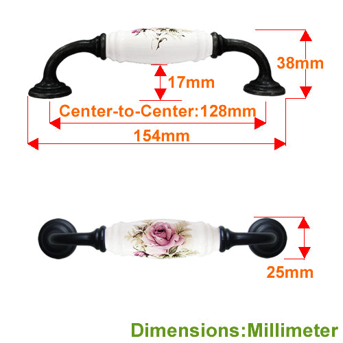 G-shaped country style rose horizontal white hole spacing 128mm ceramic handle - baked black base HG821BLWH