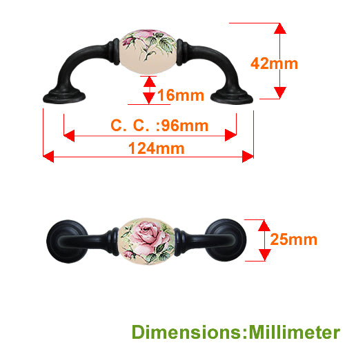 K-shaped country style rose beige hole spacing 96mm ceramic handle - baked black base HK821BLMI