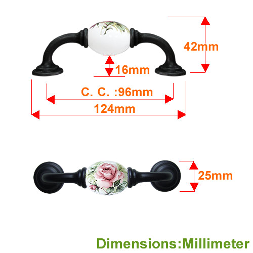 K-shaped country style rose white hole spacing 96mm ceramic handle - baked black base HK821BLWH