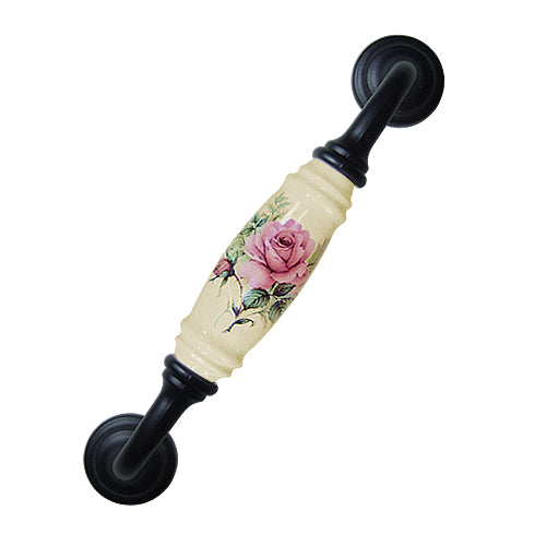 G-shaped country style rose straight beige hole spacing 128mm ceramic handle - baked black base HG820BLMI