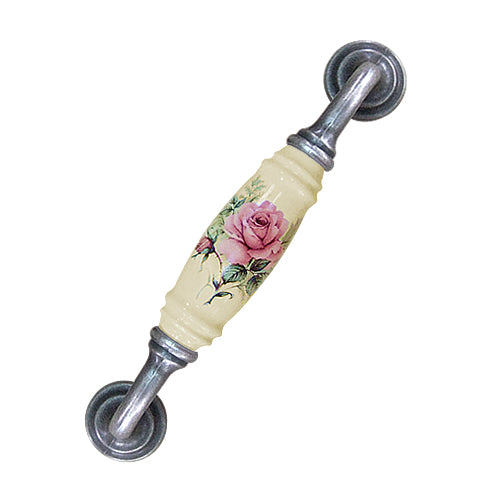 G-shaped country style rose straight beige hole spacing 128mm ceramic handle - antique silver base HG820SKMI