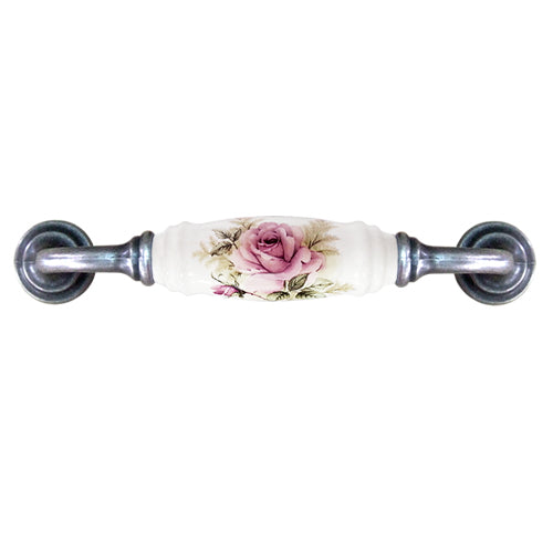 G-shaped country style rose horizontal white hole spacing 128mm ceramic handle - antique silver base HG821SKWH