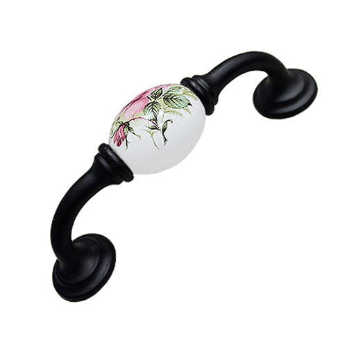 K-shaped country style rose white hole spacing 96mm ceramic handle - baked black base HK821BLWH