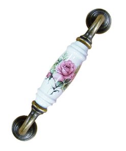 櫥櫃把手-抽屜把手-鄉村風玫瑰花-直式-白色-孔距-128mm-陶瓷把手-青古銅