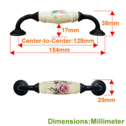 櫥櫃把手 抽屜把手 鄉村風玫瑰花 雙孔 直式 米色 孔距 128mm 陶瓷把手- 烤黑色座 HG820BLMI 5 HG820BLMI 2