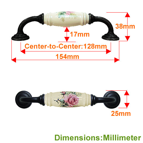 櫥櫃把手 抽屜把手 鄉村風玫瑰花 雙孔 直式 米色 孔距 128mm 陶瓷把手- 烤黑色座 HG820BLMI 3 櫥櫃把手 抽屜把手 鄉村風玫瑰花 雙孔 直式 米色 孔距 128mm 陶瓷把手- 烤黑色座 HG820BLMI:圖片 3