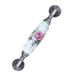 櫥櫃把手 抽屜把手 鄉村風玫瑰花 雙孔 直式 白色 孔距 128mm 陶瓷把手- 古銀色座  HG820SKWH