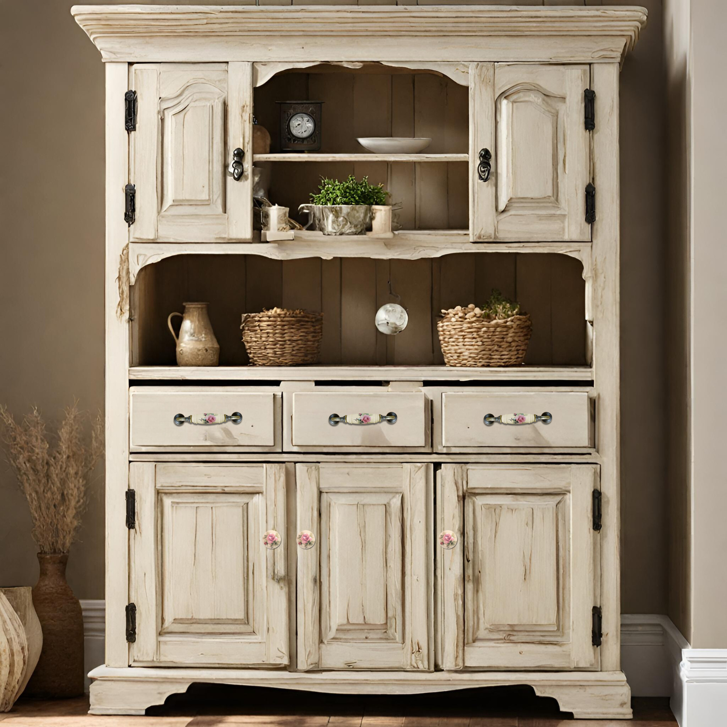 櫥櫃把手 抽屜把手 鄉村風玫瑰花 雙孔 直式 米色 孔距 128mm 陶瓷把手- 青古銅色座 HG820BKMI 4 櫥櫃把手 抽屜把手 鄉村風玫瑰花 雙孔 直式 米色 孔距 128mm 陶瓷把手- 青古銅色座 HG820BKMI:圖片 4